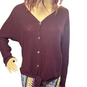 V-Neck Waffle Knit Cardigan Size Small Button Front Burgundy Tie Hem Lagenlook A